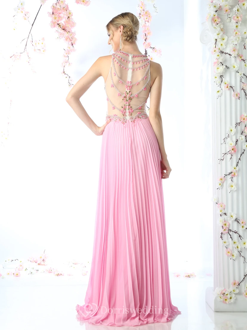 A-Line Scoop-Neck Sleeveless Chiffon Illusion Dress With Pleats And Beading view 4