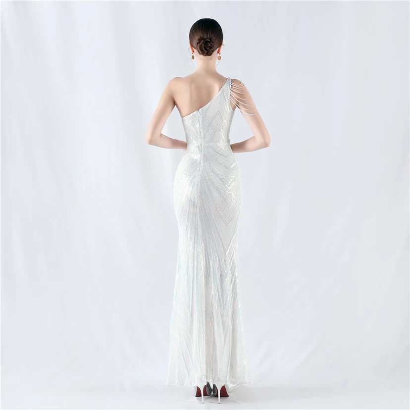 Positioning Flower Beaded Craft Beaded One-Shoulder Oblique Collar High Slit Evening Dress view 72