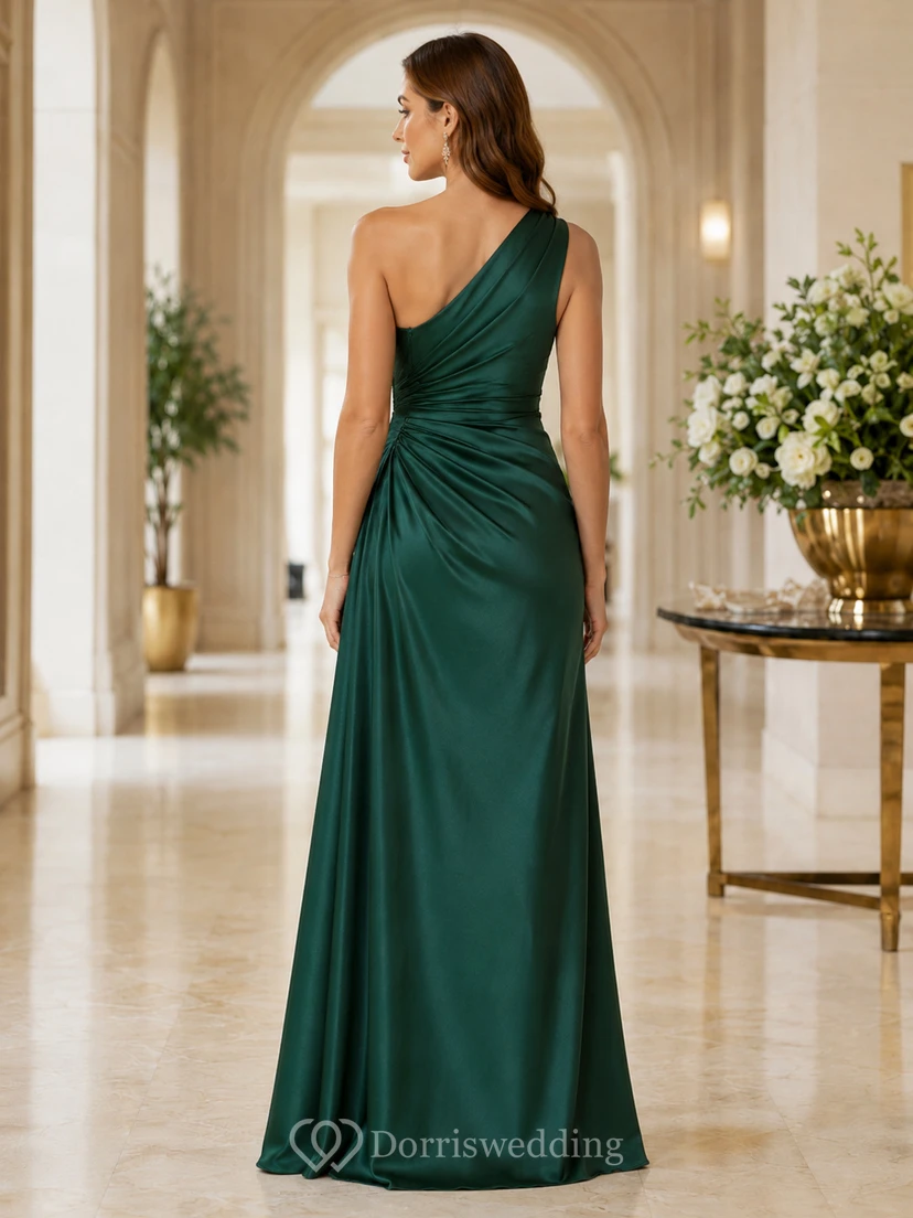 Emerald One Shoulder Draped Satin Formal Dress view 2
