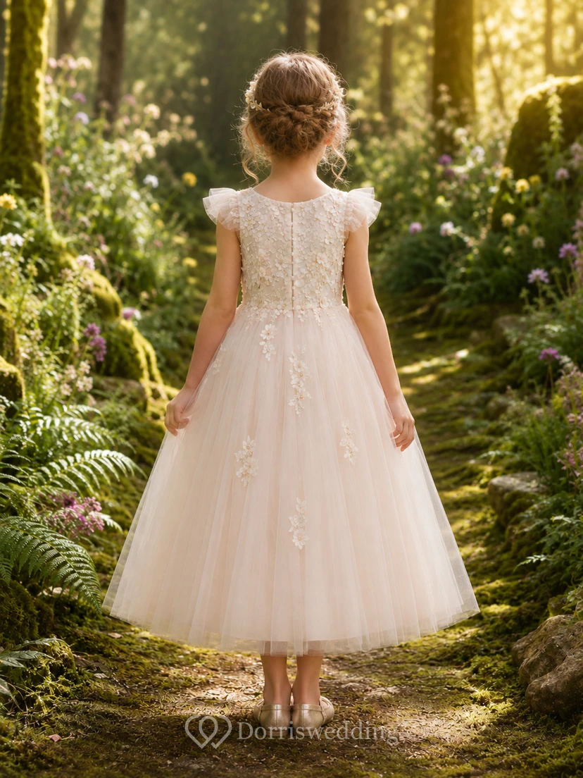 Flower Girl Dress Blush Satin A-Line Short Sleeve Jewel Neck Tea Length Bow Detail view 2