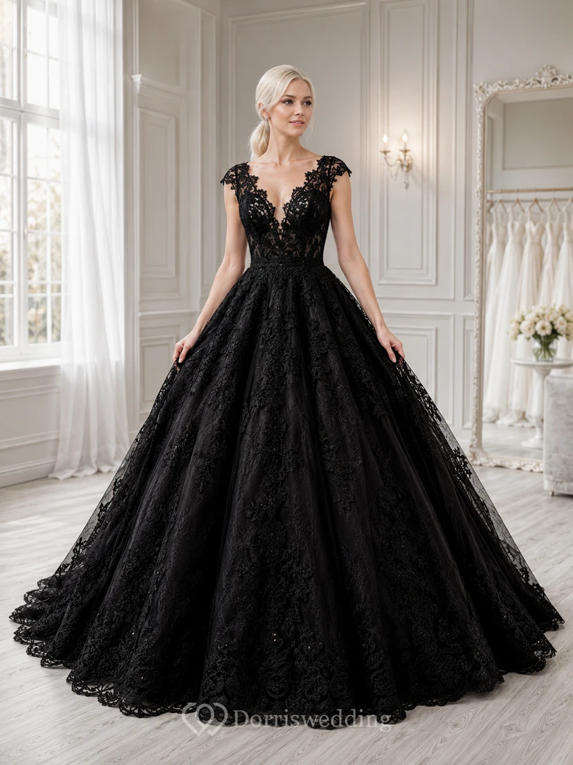 Robe de mariée noire en dentelle à col V profond et manches courtes