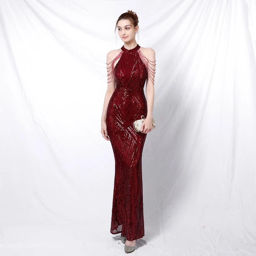 Robe de soirée élégante à col halter et sequins, allure de reine, style banquet, longue robe de soirée sirène à sequins, style star, glamour et décontracté. view 7