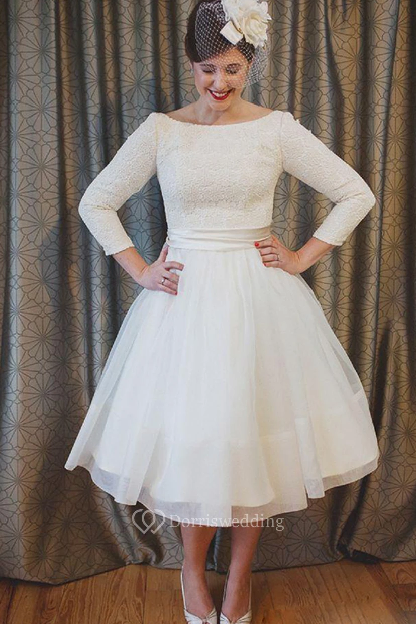 Vestidos de novia de talla grande hasta la rodilla, de encaje y organza, con mangas de 3 a 4 pulgadas.