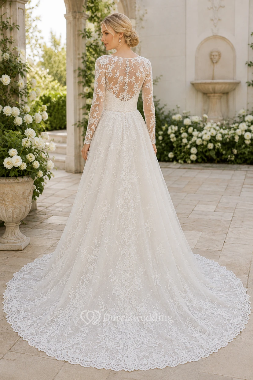 Robe de mariée en dentelle et tulle, coupe trapèze, bustier cœur, manches longues, traîne. view 2