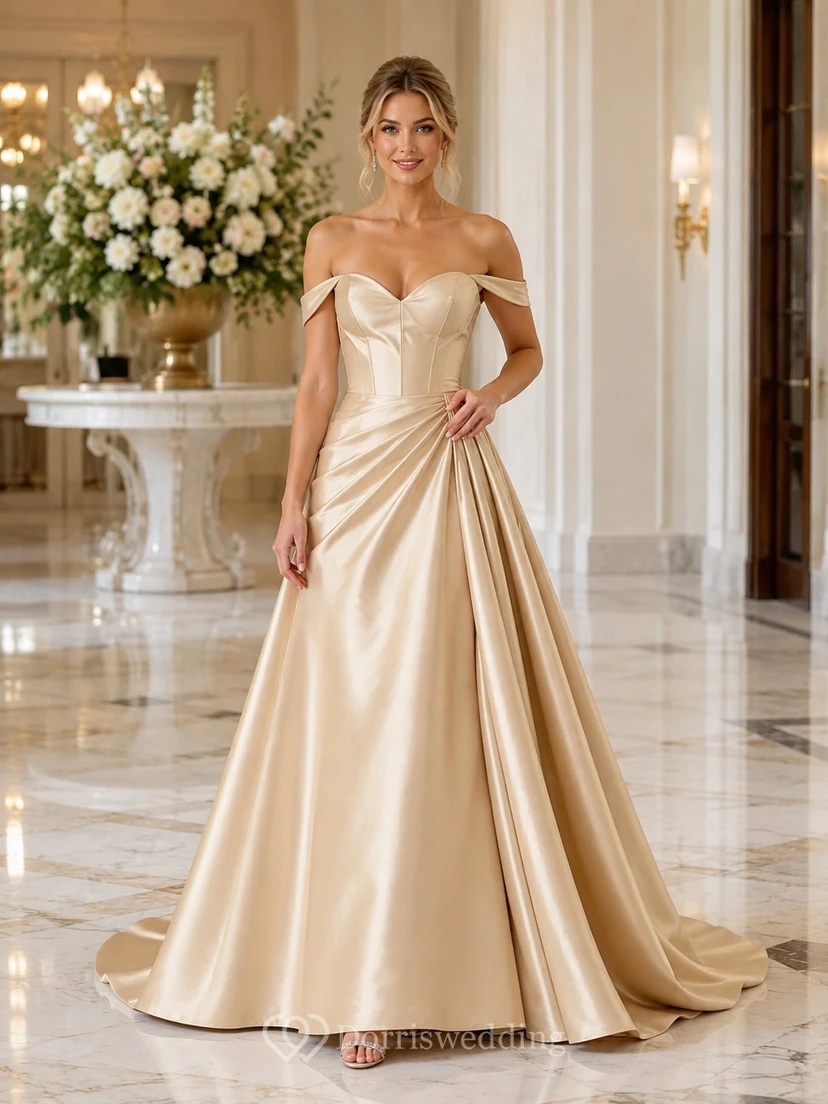 Champagnerfarbenes, schulterfreies, drapiertes A-Linien-Abendkleid aus Satin mit bodenlanger Schleppe und Schleppe