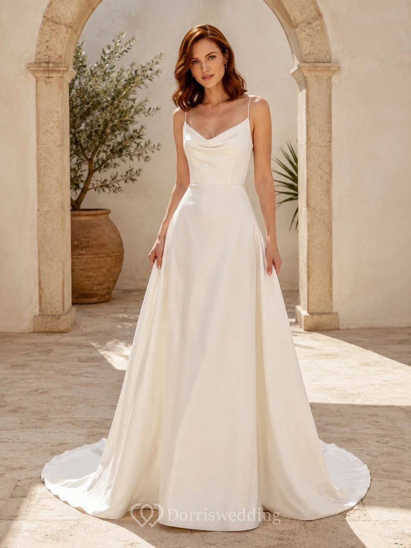 Minimalist Satin Wedding Dress A-Line V-Neck Sleeveless Sweep Train Bridal Gown