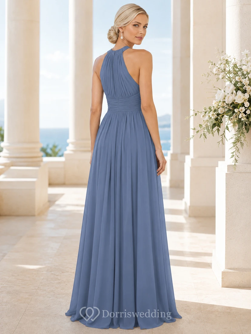 Steel Blue Halter High Neck Pleated Chiffon Floor Length Bridesmaid Dress view 2