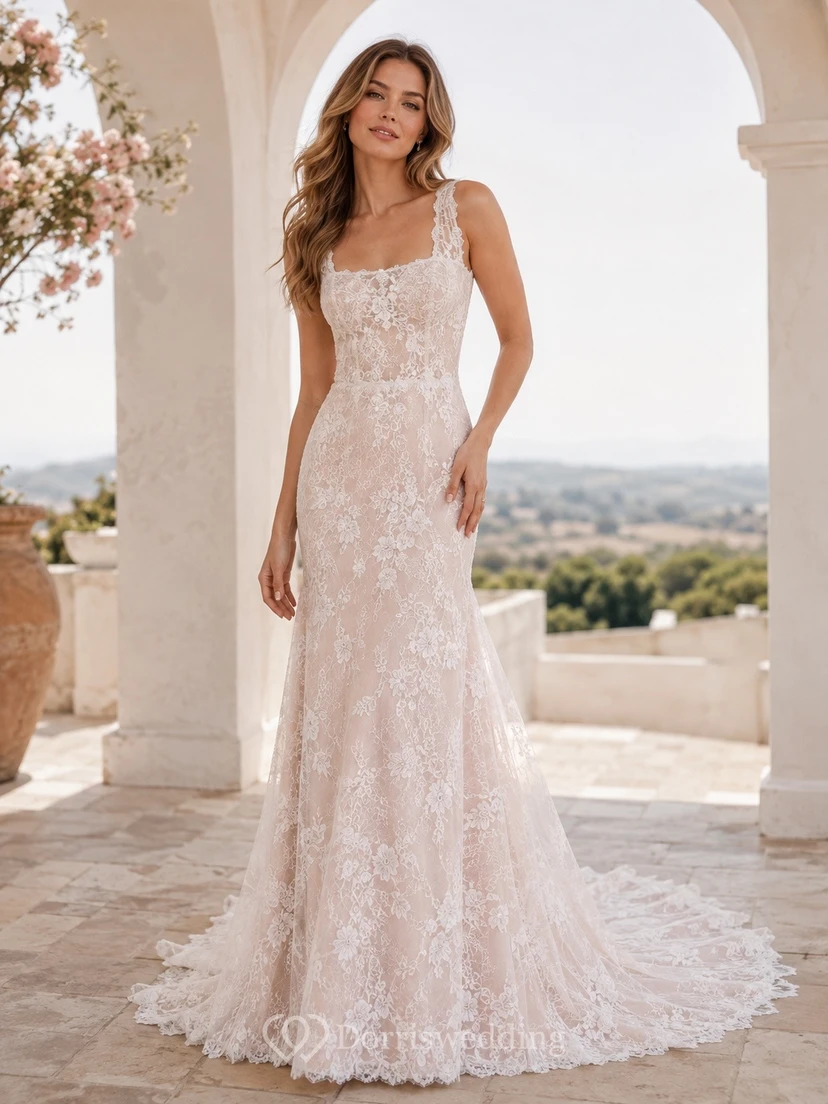 Etuikleid mit eckigem Ausschnitt, Spitze und Schleppe, Brautkleid für formelle Anlässe