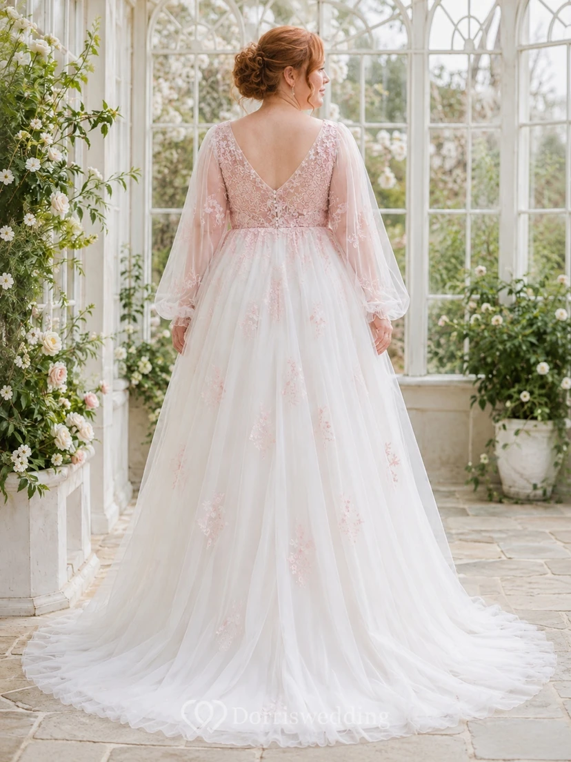 Brautkleid in zartem Rosa, Übergröße, V-Ausschnitt, langen Ärmeln, Empire-Stil, A-Linie, Spitze view 2