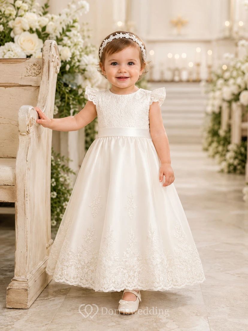 Baby Baptism Christening Ceremony Gown A-Line Tea-Length Jewel Neck Cap Sleeve Satin Tulle Bow Back Button Back