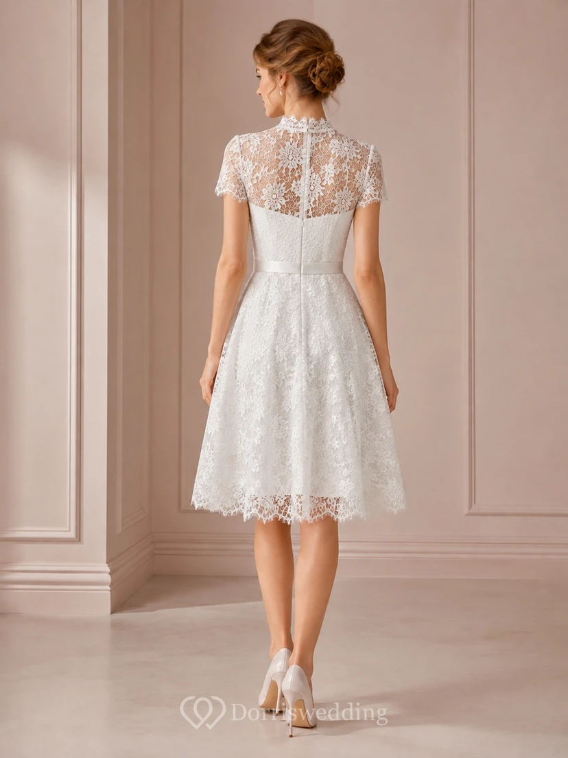 Modest Jewel Neck Cap Sleeve Lace A-Line Knee-Length Courthouse Wedding Dress view 2