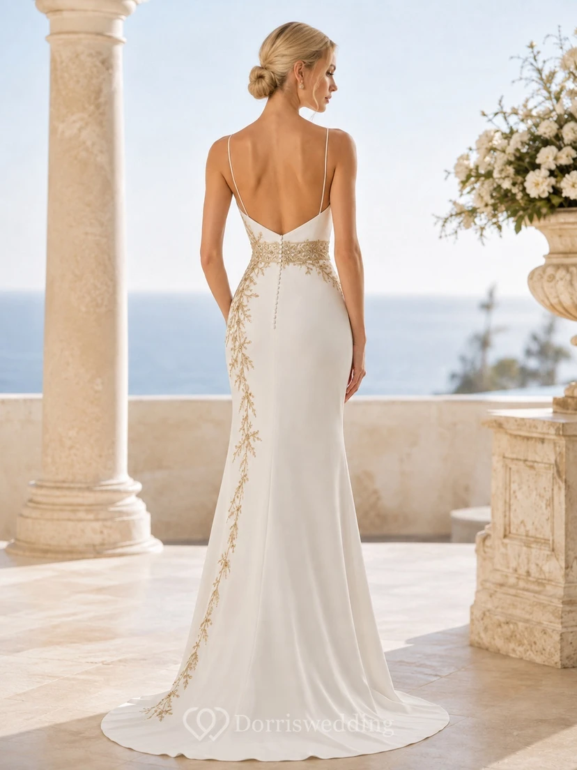 Coastal Gilded Drape Mermaid/Trumpet Bridal Dress Cowl Neck Sleeveless Floor-length Sweep Train Modern Gown view 2