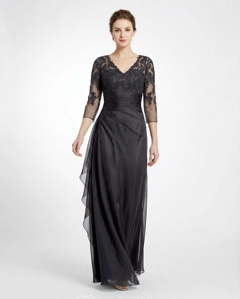 3/4 Sleeve V-Neck A-Line Applique Gown