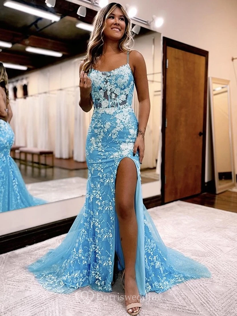 Robe de bal sirène bleu ciel à spaghetti et dentelle appliquée sur le devant, fendue sur le devant