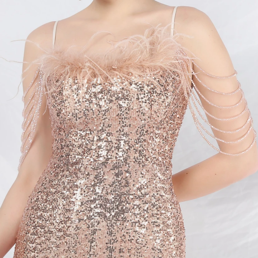 Craft Beaded Ostrich Feather Fantasy Sequined Long Evening Dress view 36
