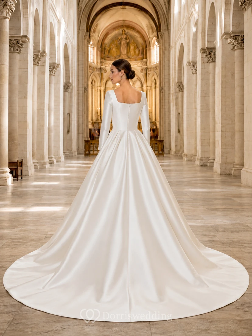 Ballkleid aus Satin mit eckigem Ausschnitt, langen Ärmeln und Kathedralenmuster view 2