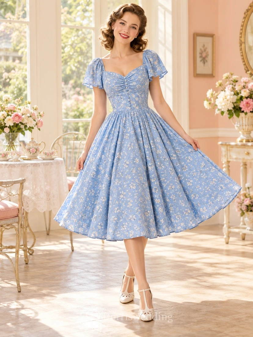 1940s Sky Blue Floral Sweetheart Flutter Sleeve Midi Party Dress