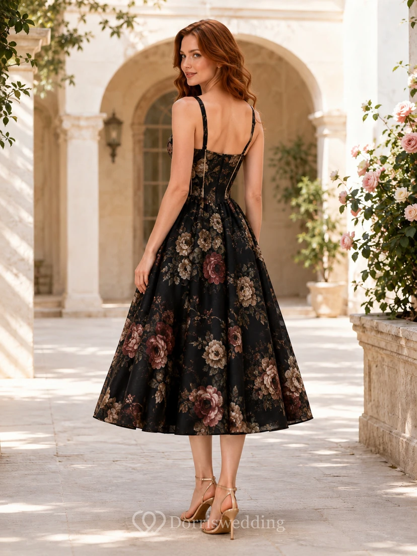 Black Floral Corset Bodice Tea Length Cocktail Dress view 2