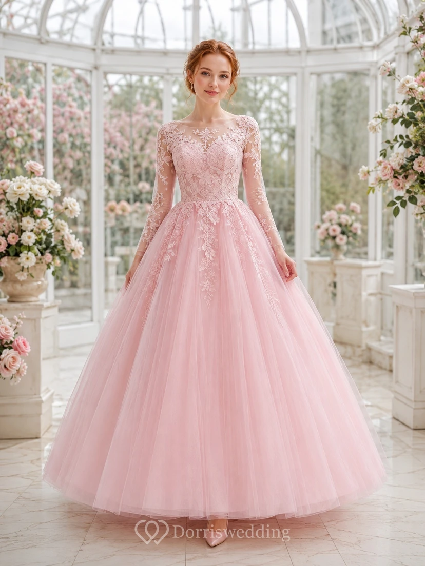 Vestido de gala romántico de manga larga con encaje y tul rosa ruborizado para fiesta de graduación.