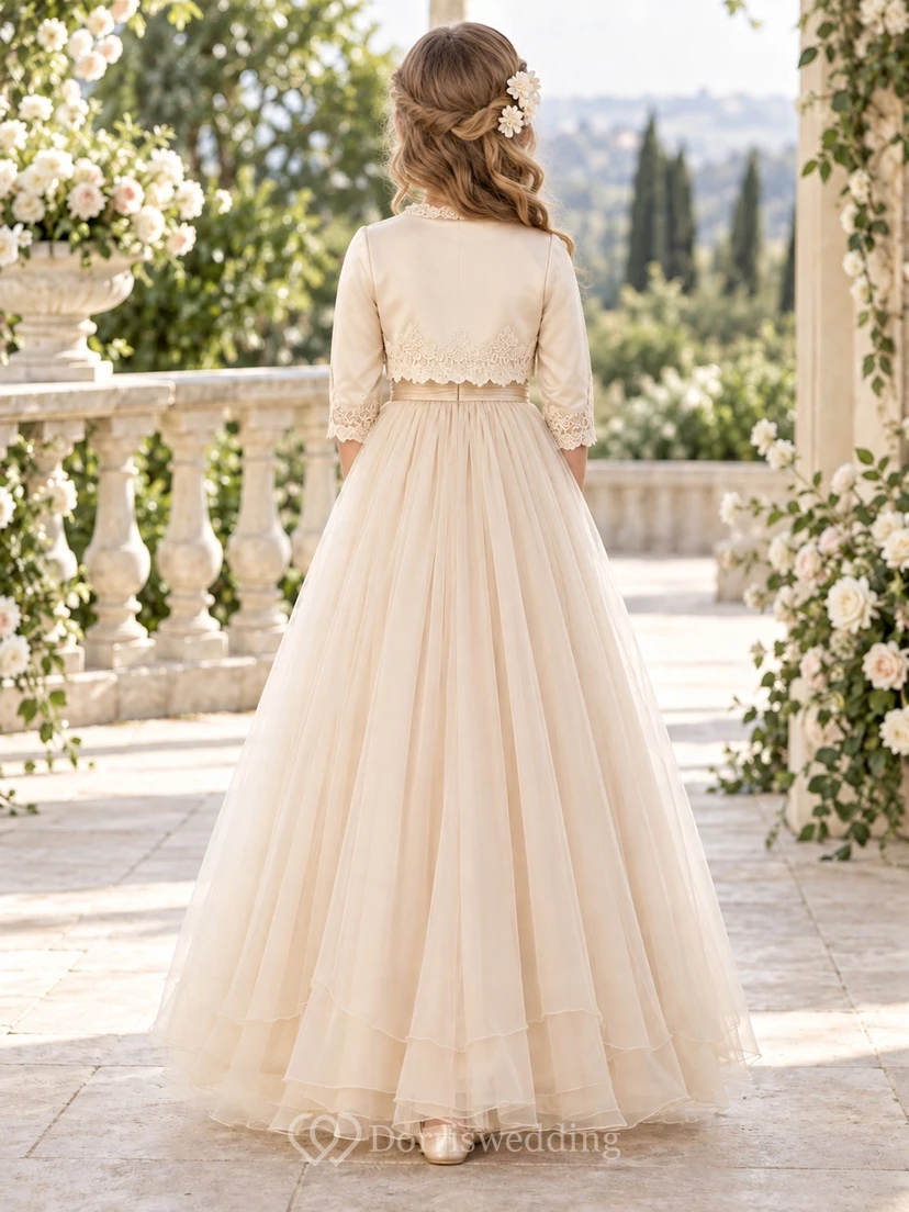 Schlichtes champagnerfarbenes A-Linien-Kleid aus Tüllspitze mit Bolero, Dreiviertelärmeln und bodenlangem, geschwungenem Saum – das perfekte Blumenmädchenkleid view 2