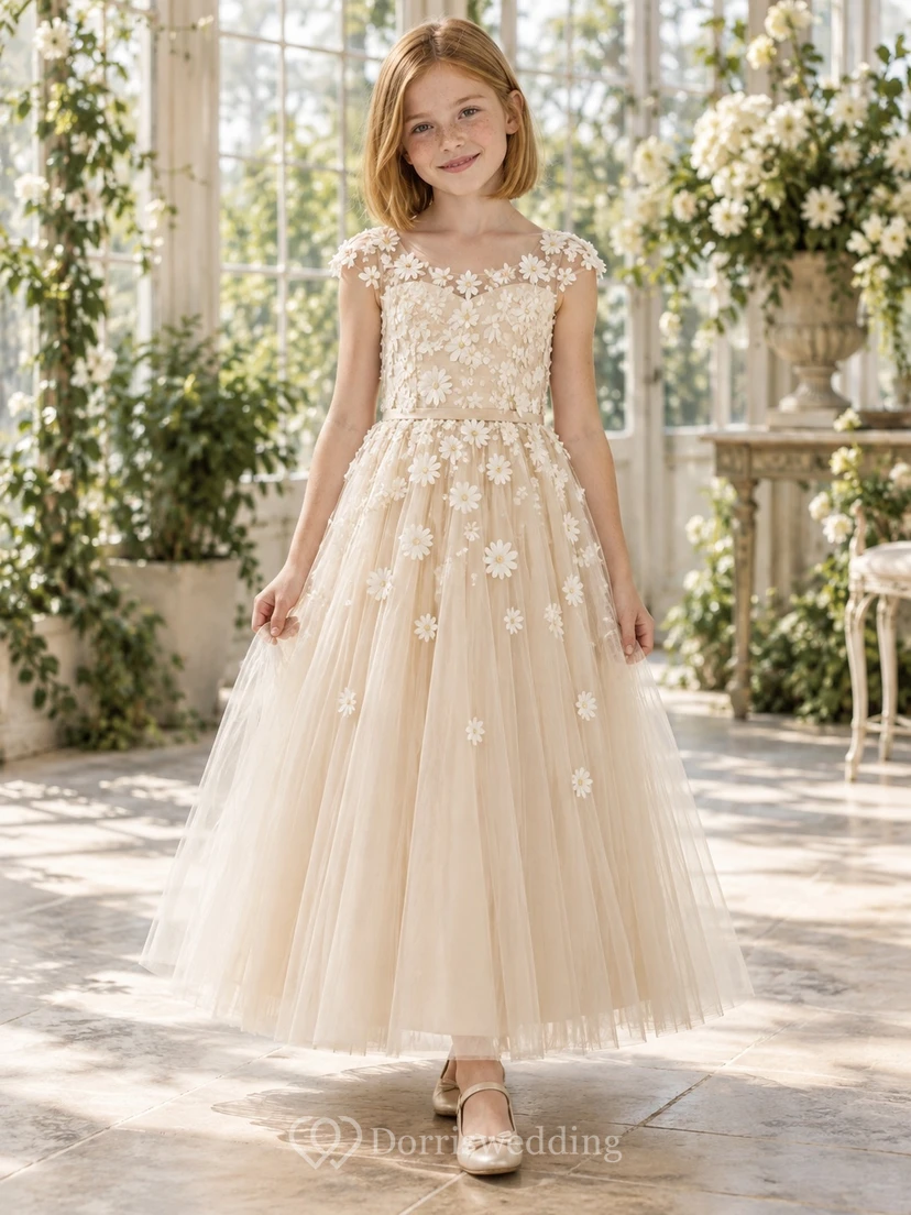 Square Neck Short Champagne Puff Sleeve Daisy Border Tulle Flower Girl Dress view 2