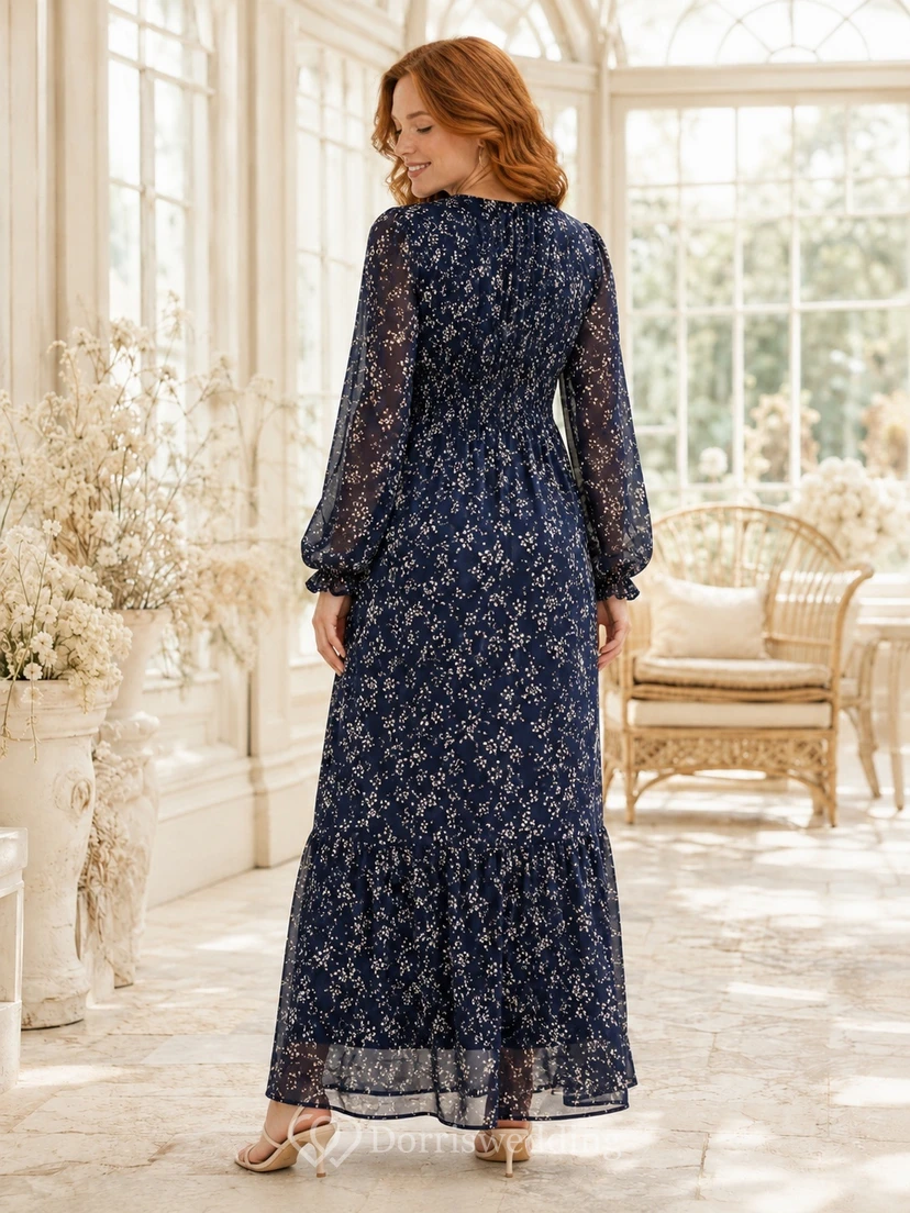 Maternity Dark Navy Floral Chiffon V-Neck Long Sleeve Empire Floor-Length Dress view 2