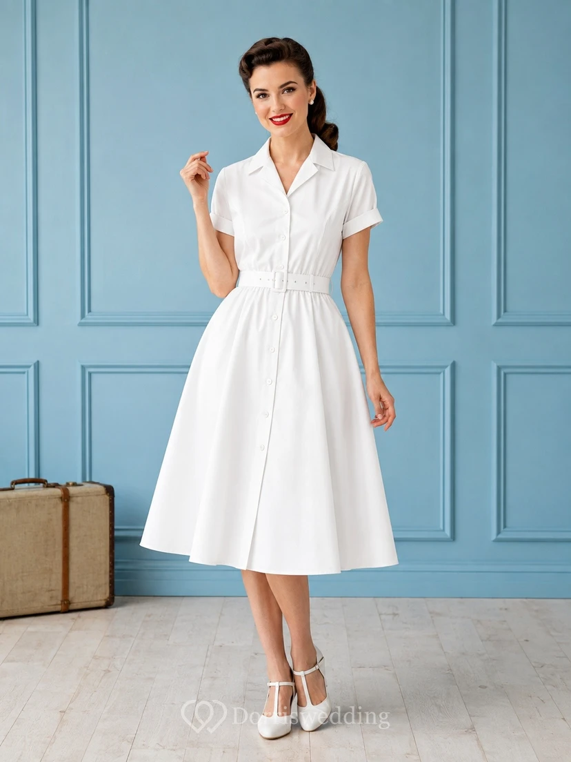 White Notched Short Sleeve Vintage Shirt Dress Classic