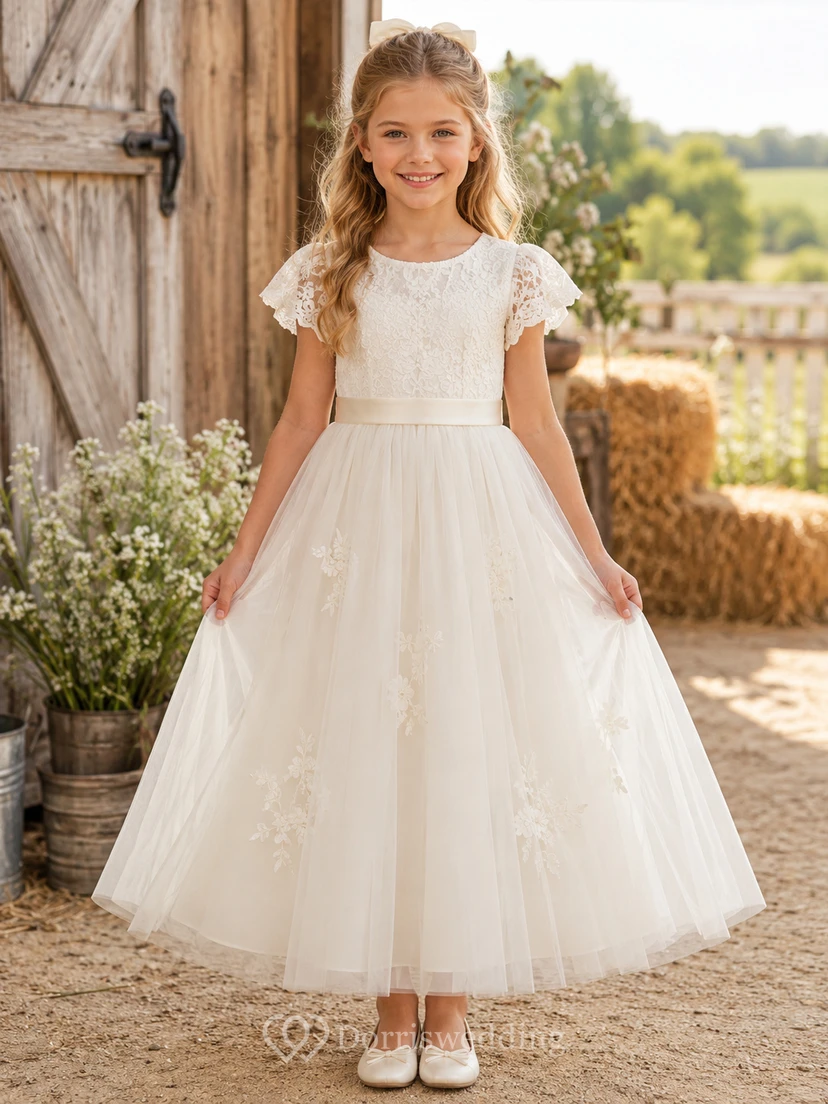 Lace Bodice Tulle A-Line Flower Girl Dress with Short Sleeves, Jewel Neck and Tea-Length Skirt
