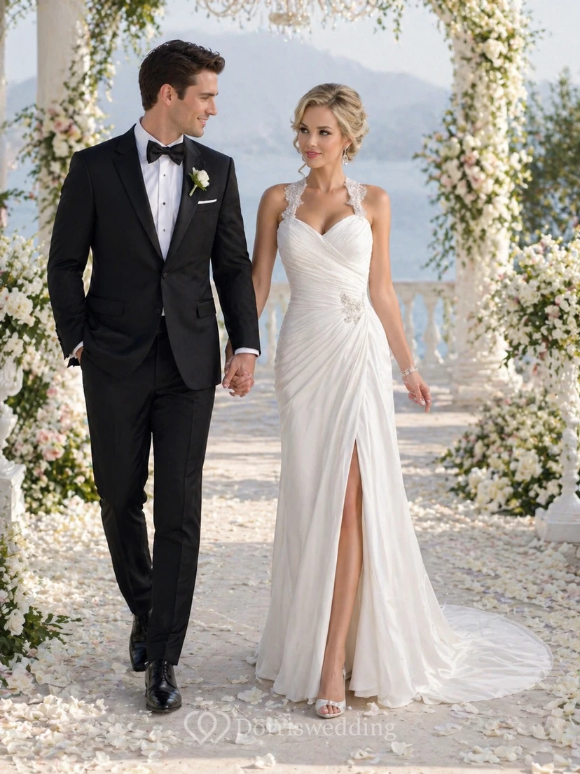 Vestido de novia de playa de gasa fruncida con escote halter y abertura lateral.