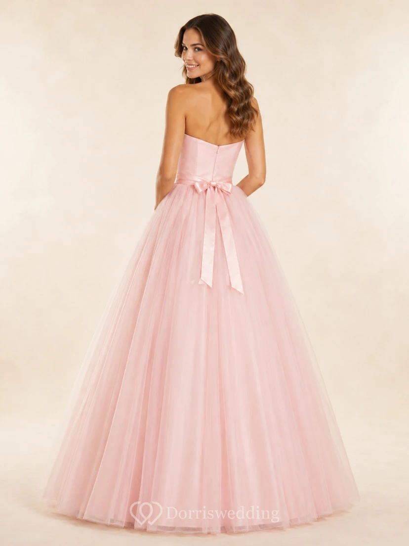 Blush Simple Affordable Strapless Sweetheart Tulle Satin Sash Quinceanera A-Line Formal Gown view 2