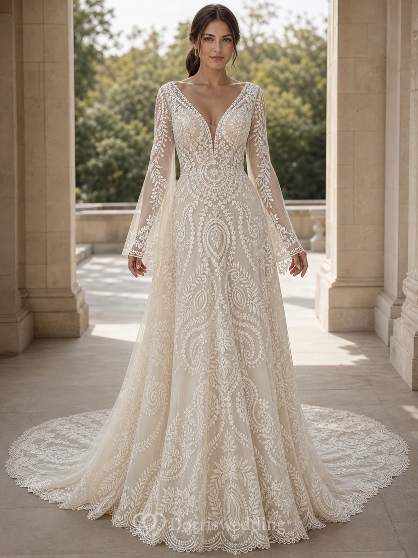 Vestido de novia bohemio de corte A con escote en V y mangas largas, estampado paisley y campana.