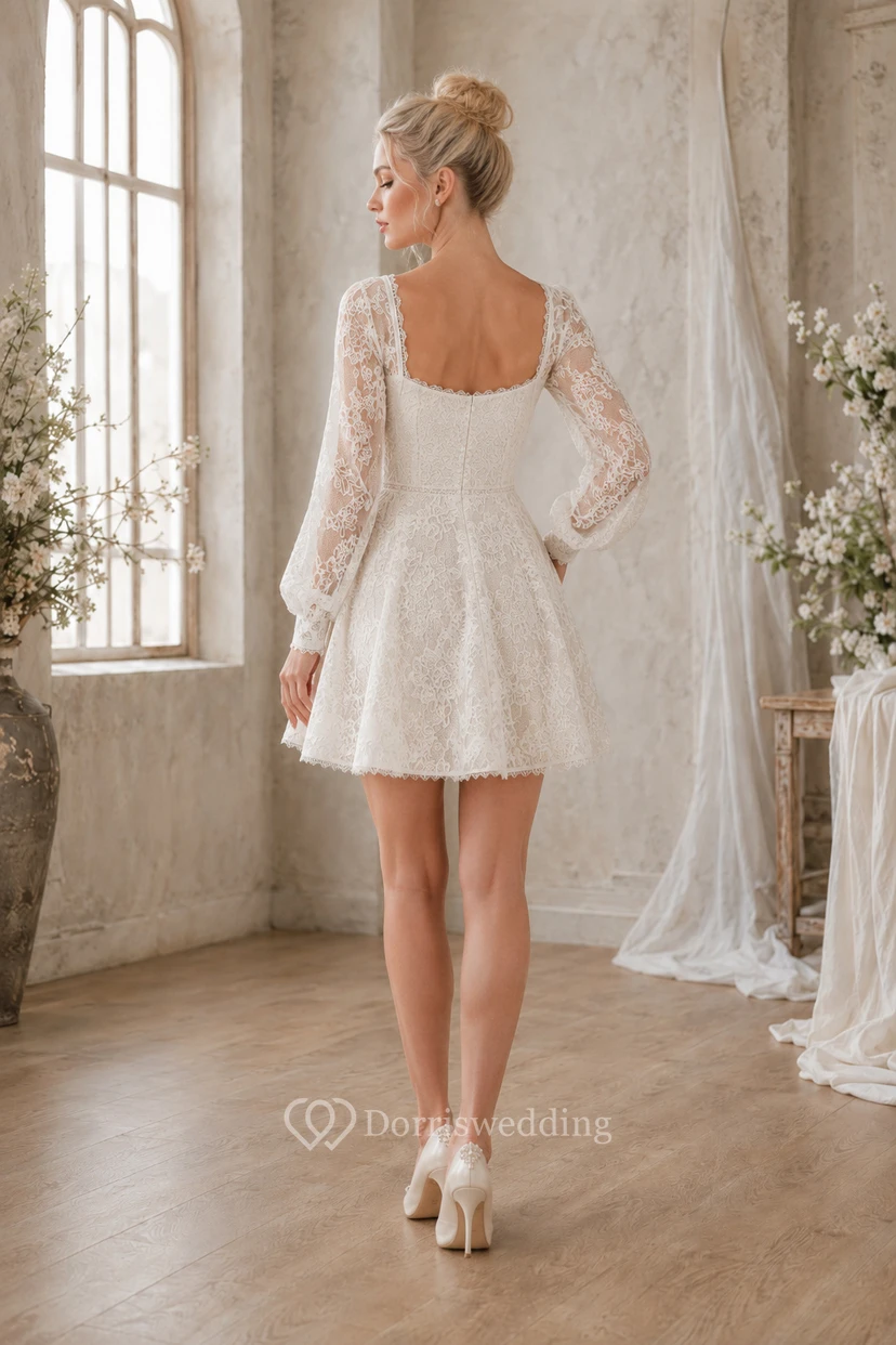Square Neck Lace Sleeve Mini Wedding Dress view 2