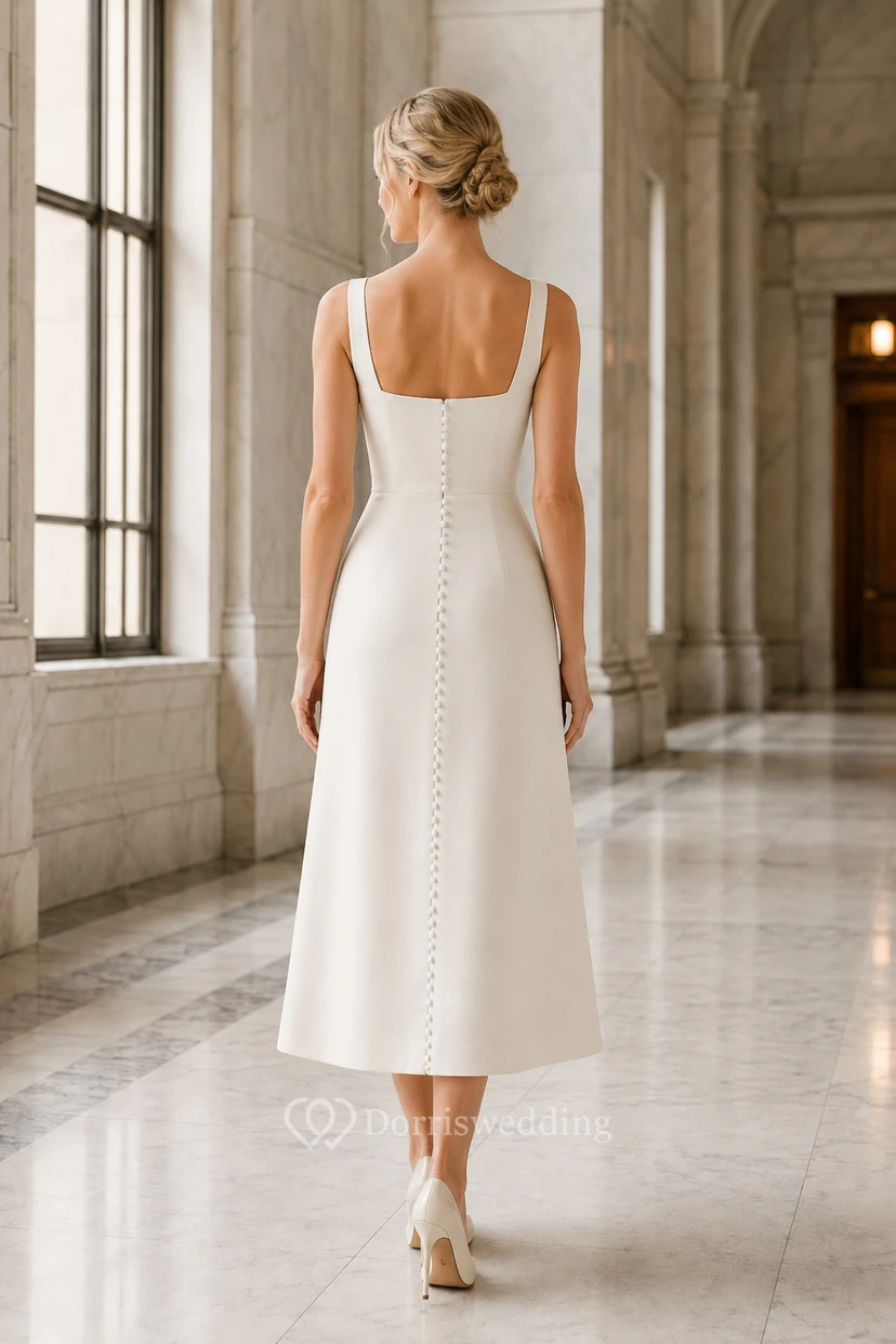 Square Neck Tea-Length Sheath Wedding Dress with Button Back view 2
