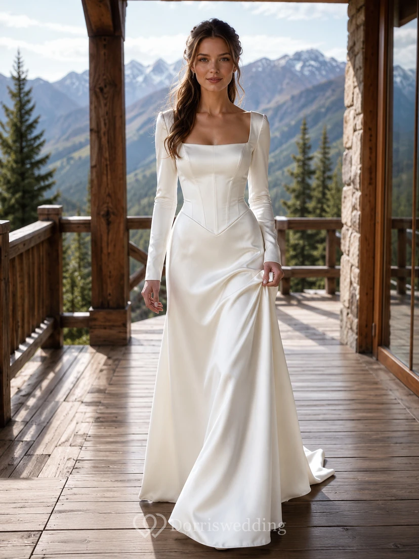 Robe de mariée de style chalet de montagne en satin à manches longues et taille basque