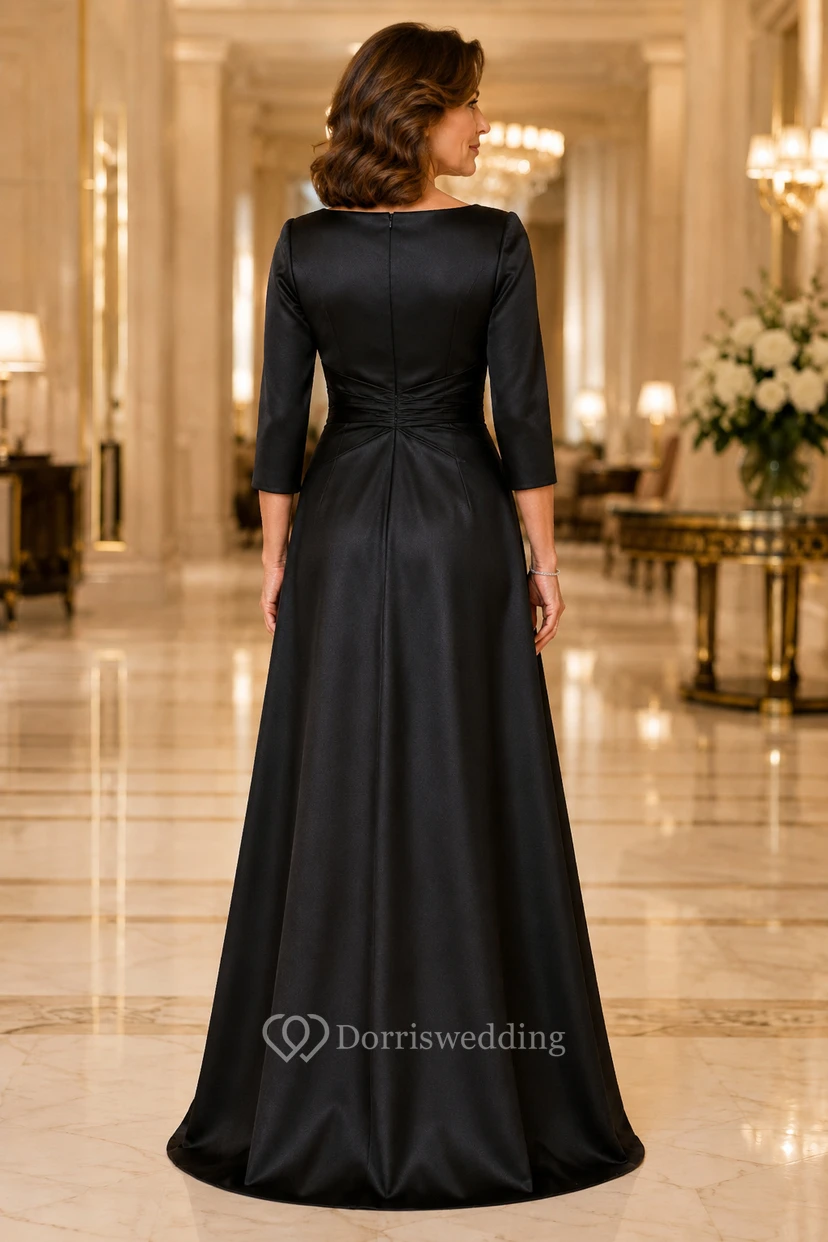 Black Satin Bateau A-Line Mother Dress with Three-Quarter Sleeves view 2