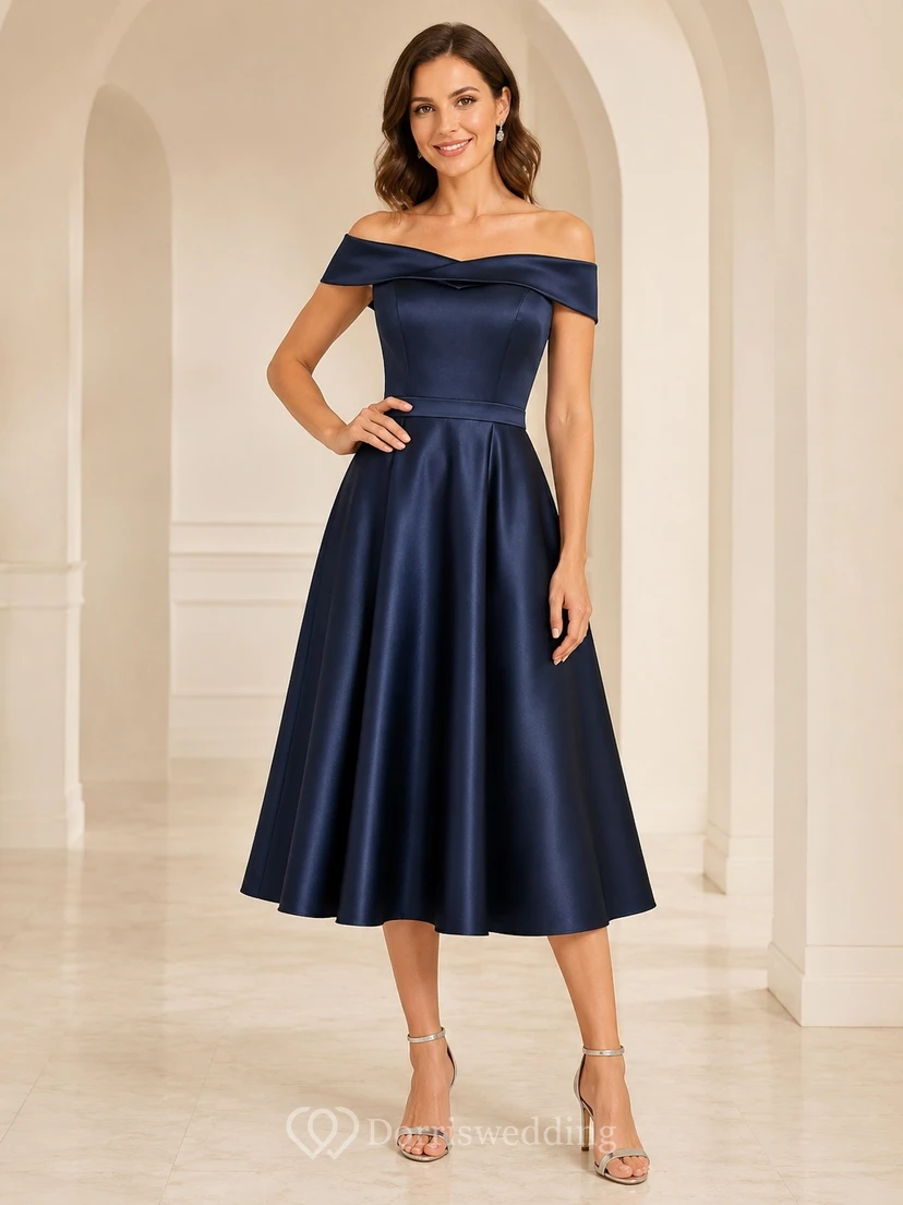 Dark Navy Satin Off-the-shoulder Short Sleeve A-Line Tea-Length Elegant Dress