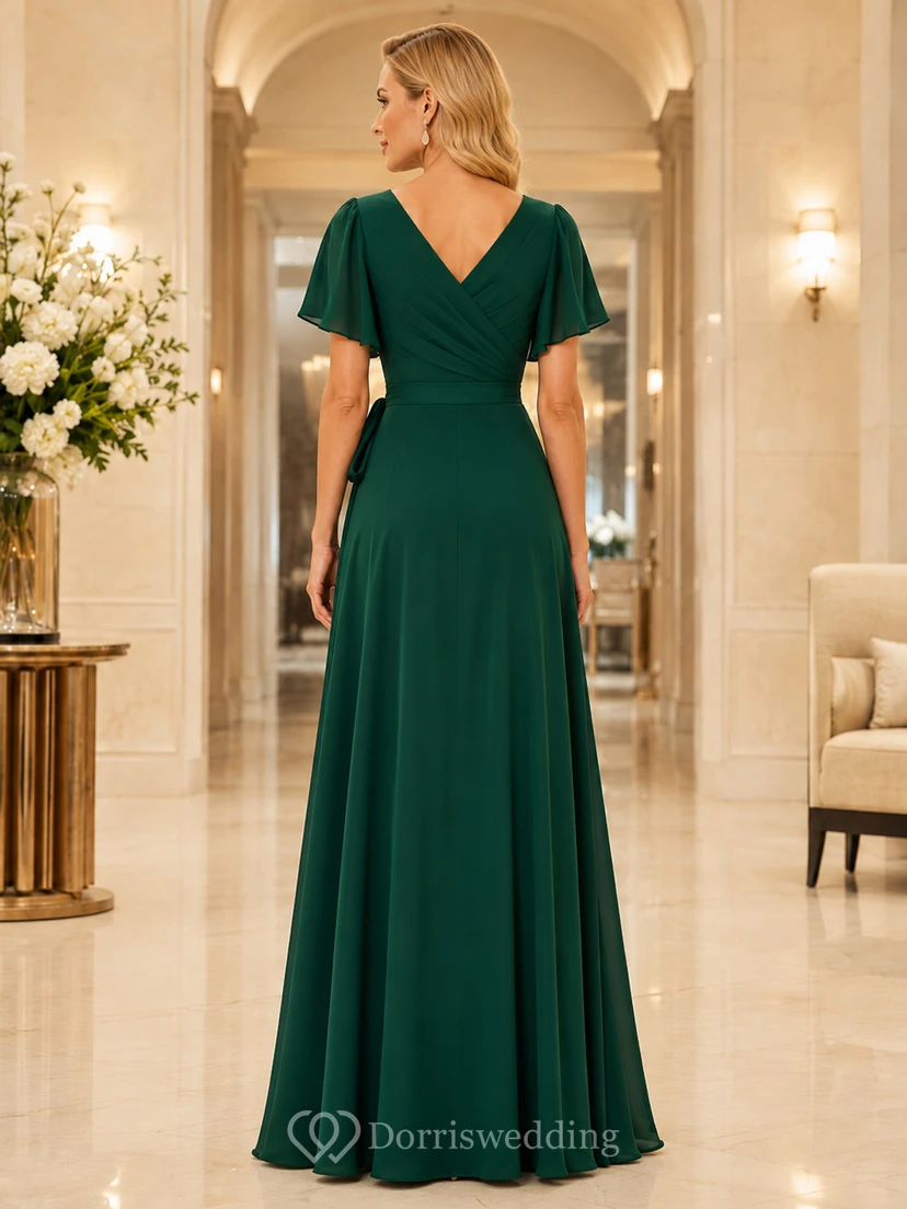 Dunkelgrünes Wickelkleid aus Chiffon mit V-Ausschnitt und Schlitz view 2