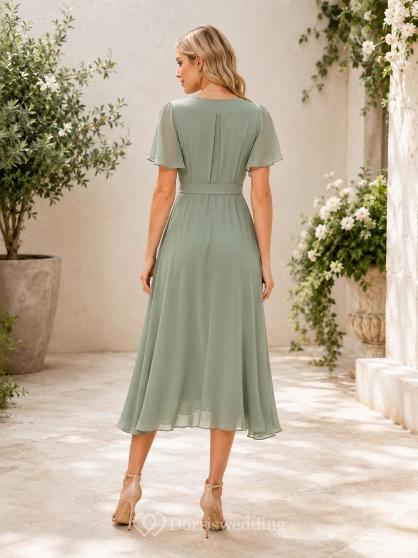 Kleid in gedämpftem Salbeigrün mit V-Ausschnitt, flatternden Ärmeln und knöchellangem A-Linien-Schnitt view 2