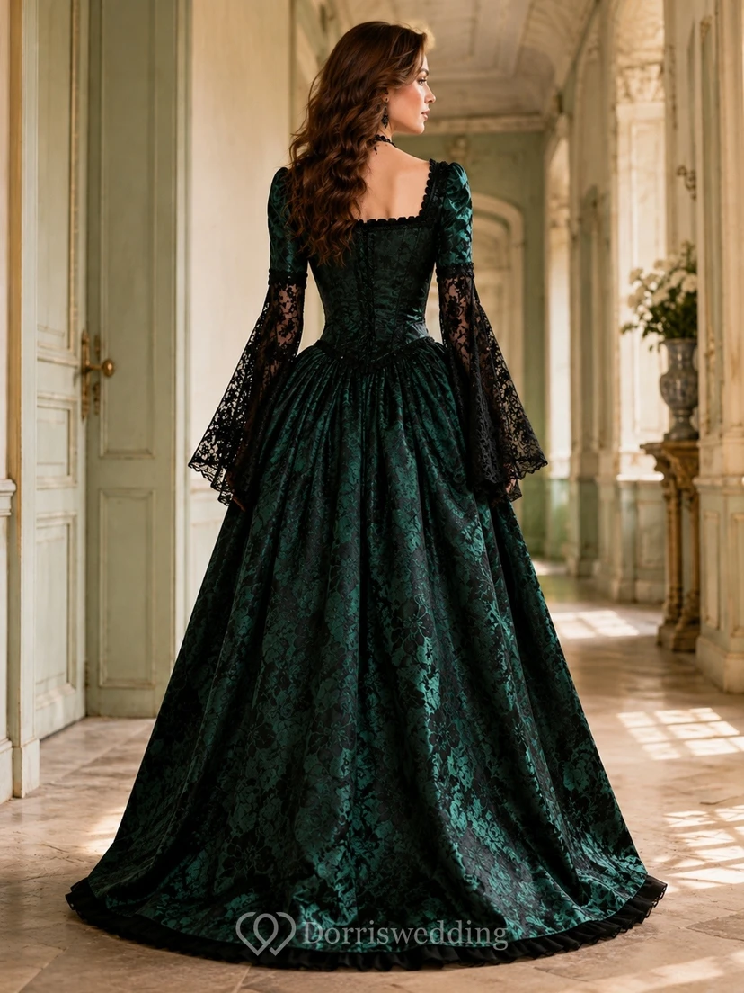 Vestido de gala largo de terciopelo verde con escote cuadrado y mangas largas, estilo vintage, de lujo. view 2