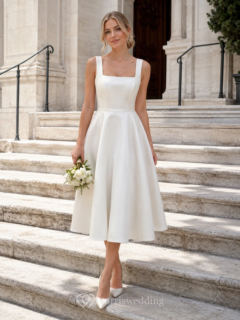 Vestido de novia civil de satén con escote cuadrado y largo hasta la rodilla