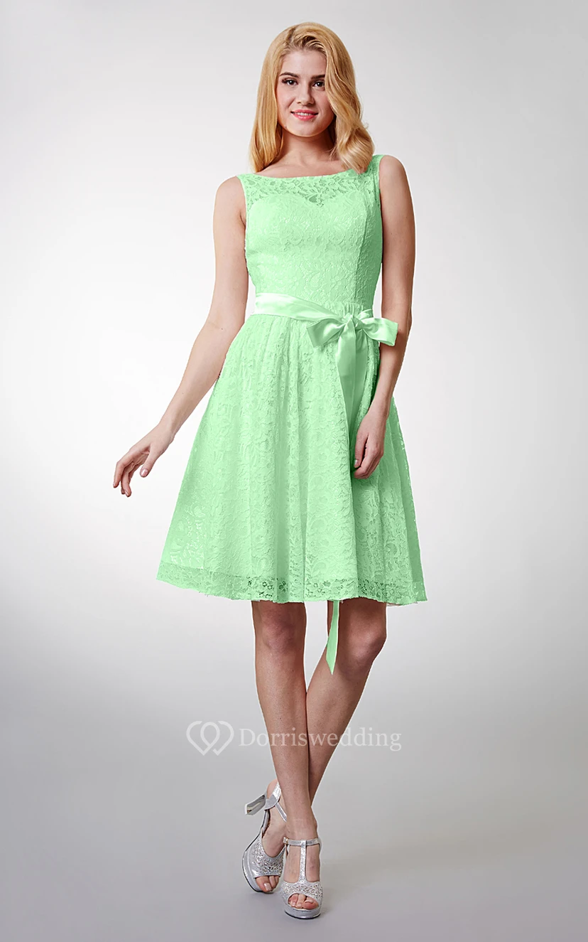 Lovely Sleeveless Short Lace Dress With Bow Sash view 4
