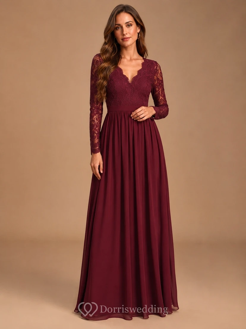 Burgundy Lace Long Sleeve A-Line V-Neck Floor Length Formal Evening Gown
