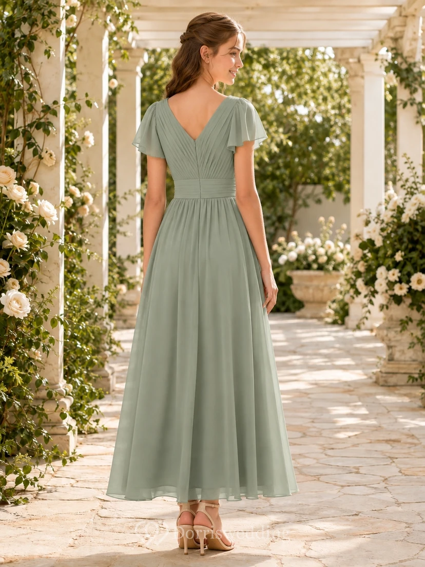 Celadonfarbenes Brautjungfernkleid für junge Damen, A-Linie, V-Ausschnitt, kurze Ärmel, plissiert, elegant view 2