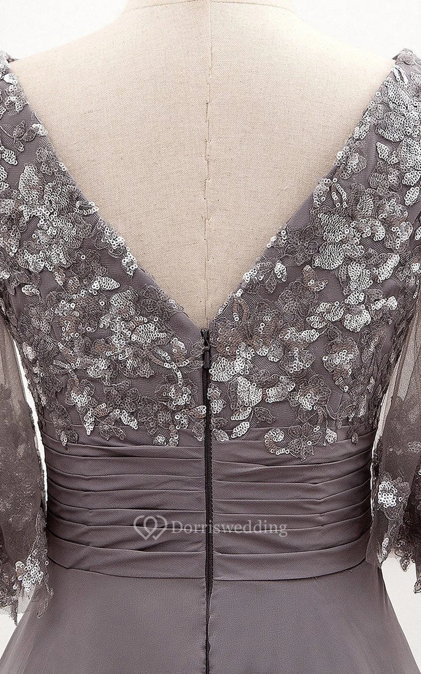 Robe de bal vaporeuse en mousseline de soie, longue jusqu'au sol, manches mi-longues, coupe trapèze, fermeture éclair et sequins view 6