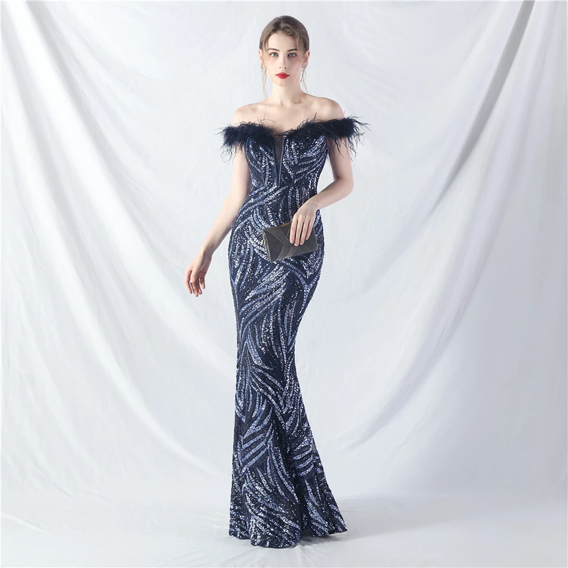 Robe de soirée haut de gamme à sequins, ornée d'un gilet à taille en arêtes de poisson et de plumes d'autruche. view 14
