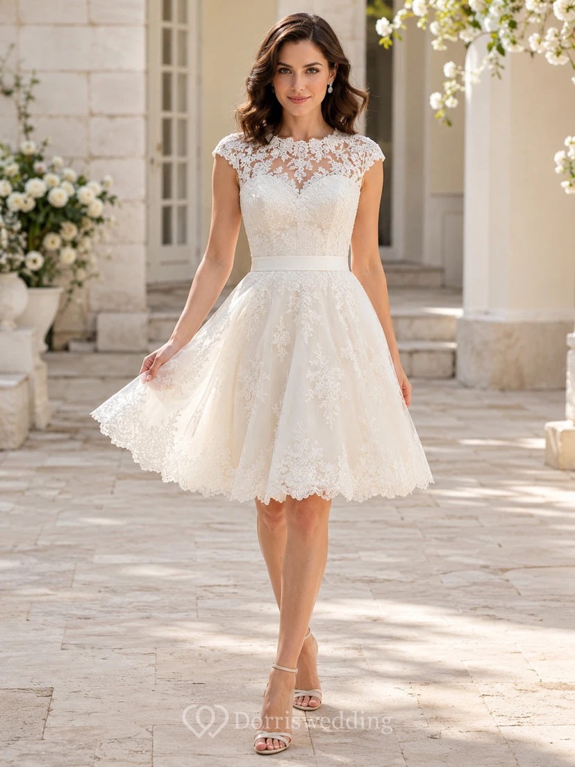 Robe de mariée élégante à col montant, manches courtes et dentelle illusion, longueur genou