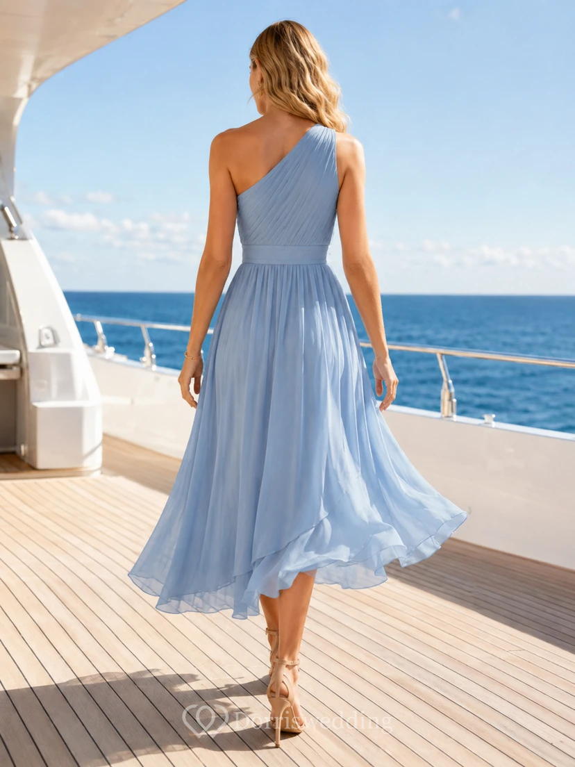 Sky Blue Yacht Wedding Guest Dress A-Line Chiffon One-Shoulder Sleeveless High-Low Asymmetrical Ruffle view 2