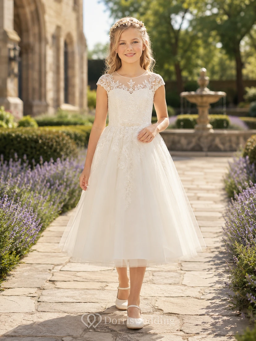 Robe de communion en tulle à manches courtes effet bateau, style jardin