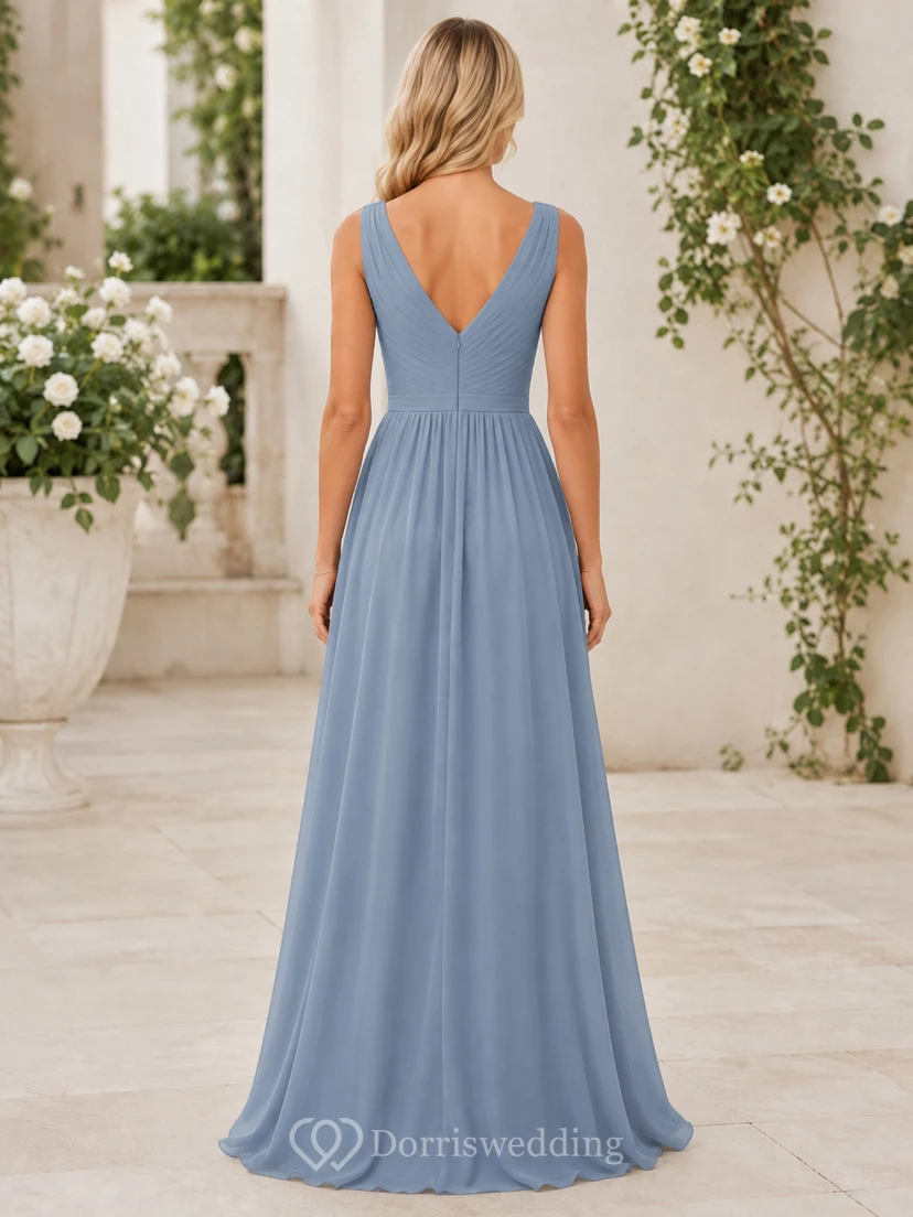 Dusty blue V neck pleated chiffon A-line gown view 2