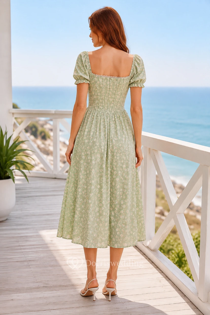 Vestido de invitada de boda color verde salvia, gasa, corte en A, escote cuadrado, mangas abullonadas, fruncido, largo hasta la rodilla. view 2